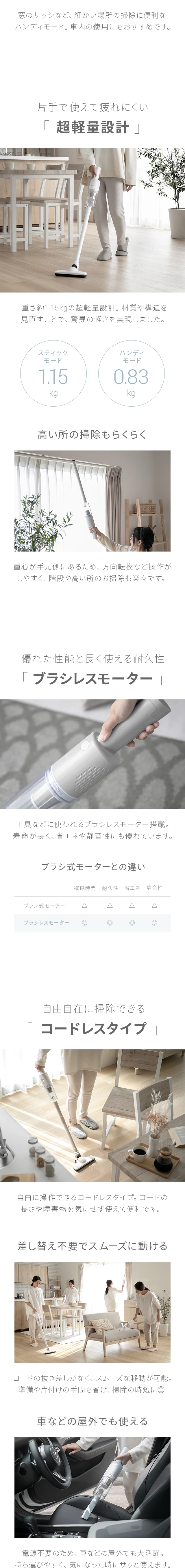超軽量設計、ブラシレスモーター、コードレスタイプ