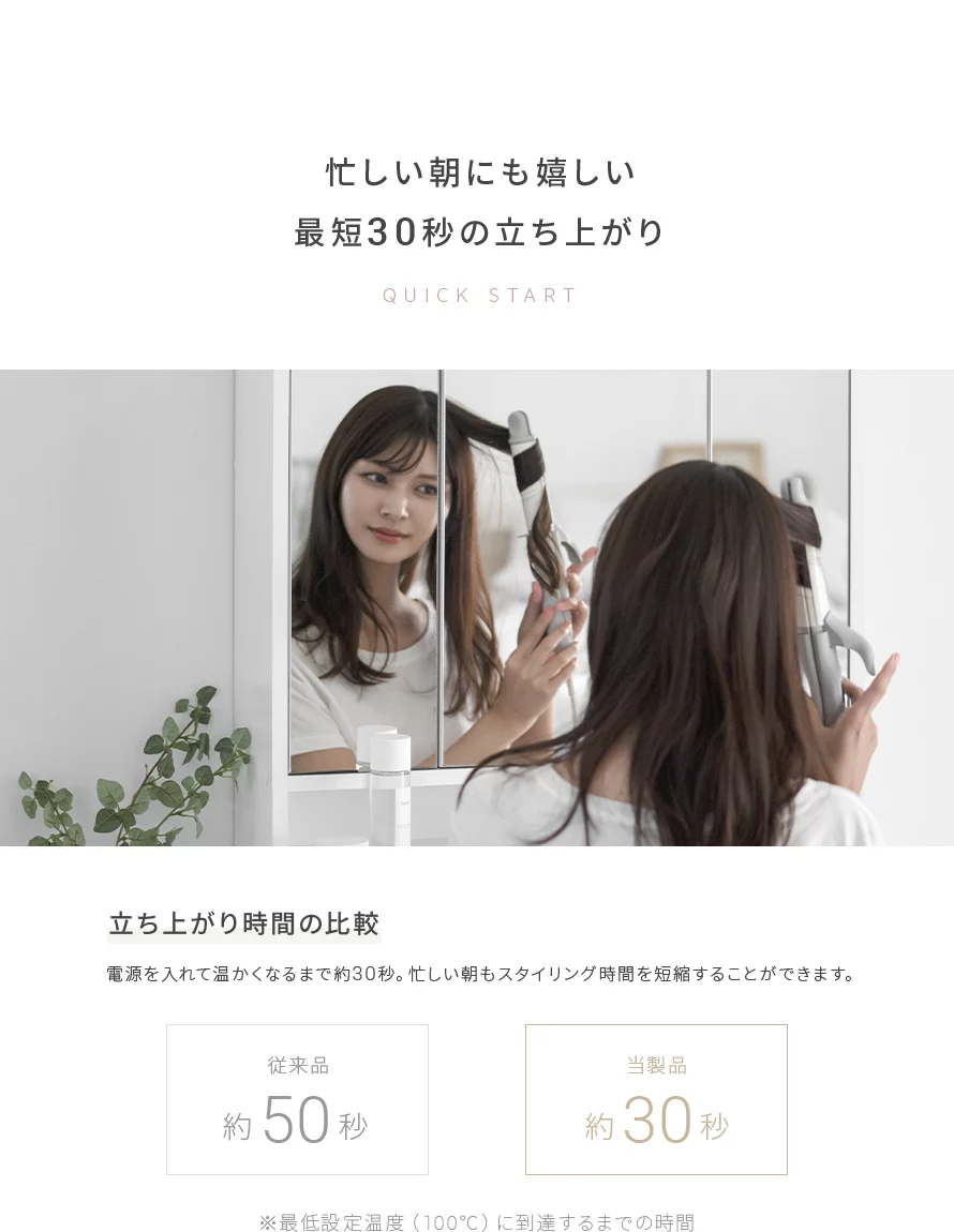 電源を入れて温かくなるまで約30秒。忙しい朝もスタイリング時間を短縮することができます。