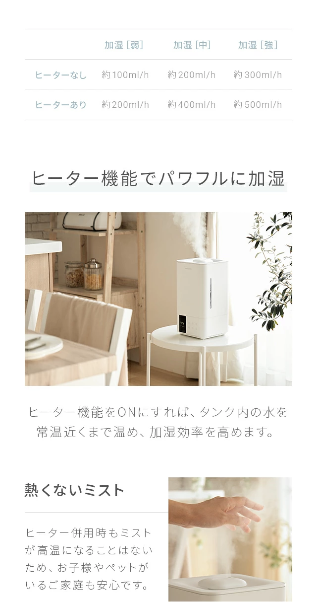 ヒーター機能でパワフルに加湿