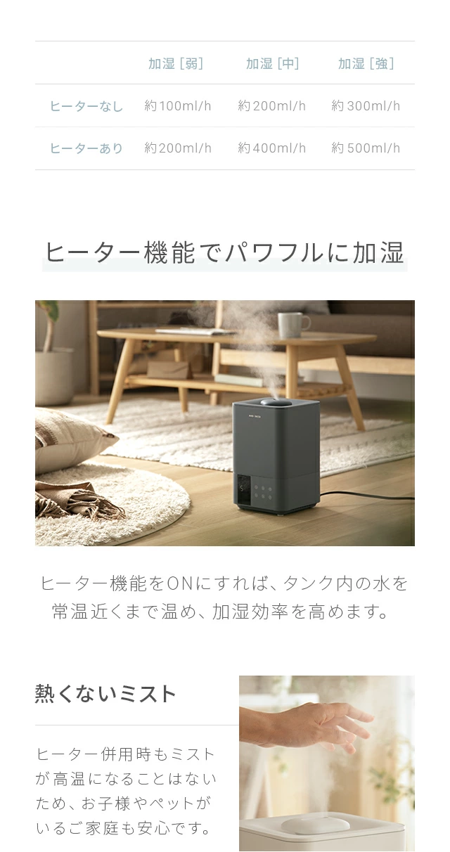 ヒーター機能でパワフルに加湿
