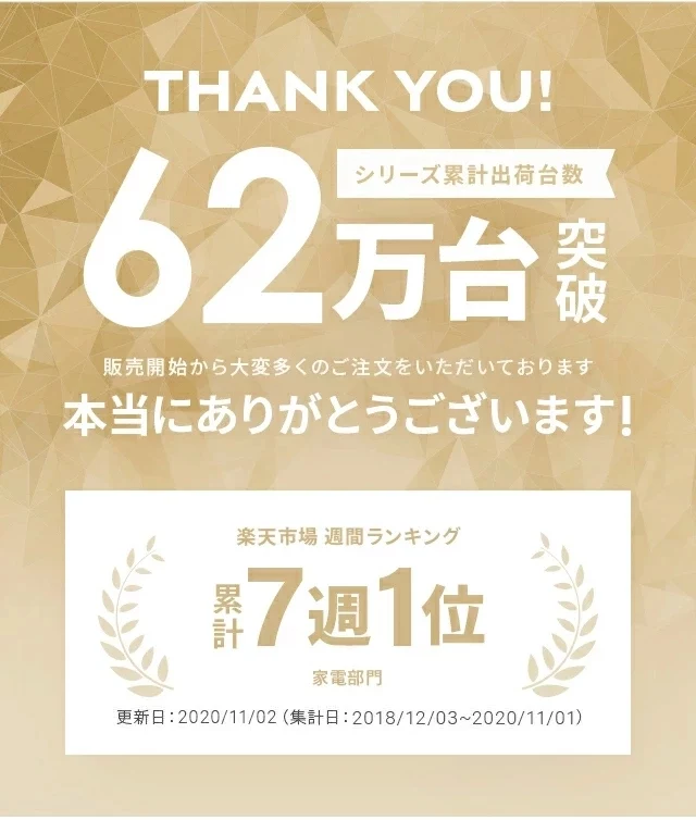 シリーズ累計出荷台数62万台突破、楽天市場週間ランキング累計7週1位