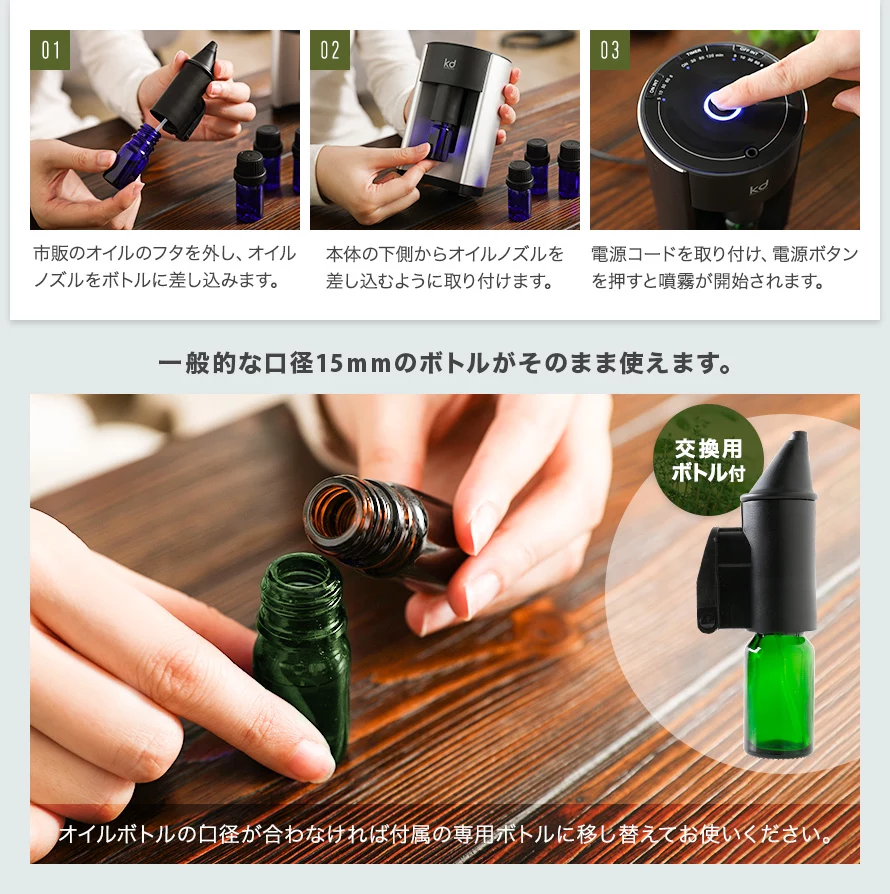 使い方は3ステップ。①市販のオイルのフタを外し、オイルノズルをボトルに差し込みます。②本体の下側からオイルノズルを差し込むように取り付けます。③電源コードを取り付け、電源ボタンを押すと噴霧が開始されます。オイルボトルは、一般的な口径15mmボトルがそのまま使えます。