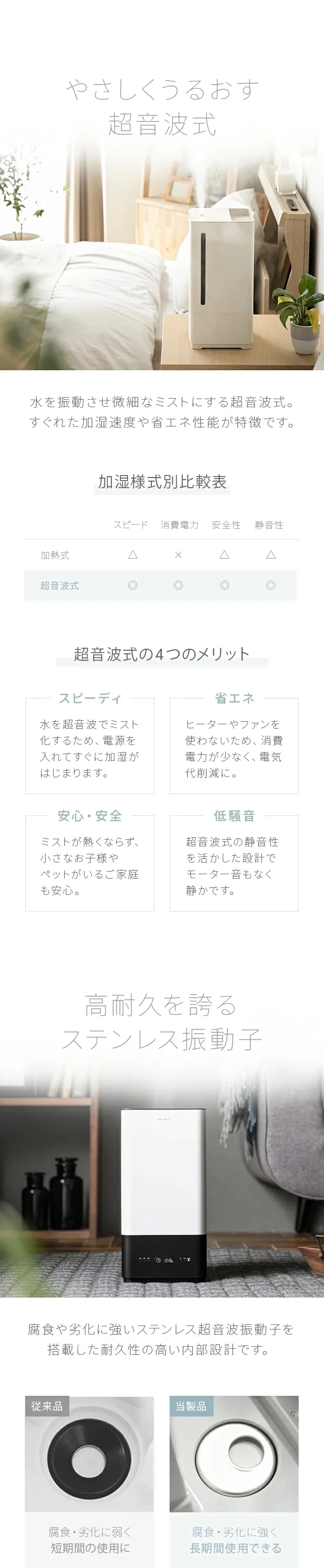 やさしくうるおす超音波式、高耐久を誇るステンレス振動子