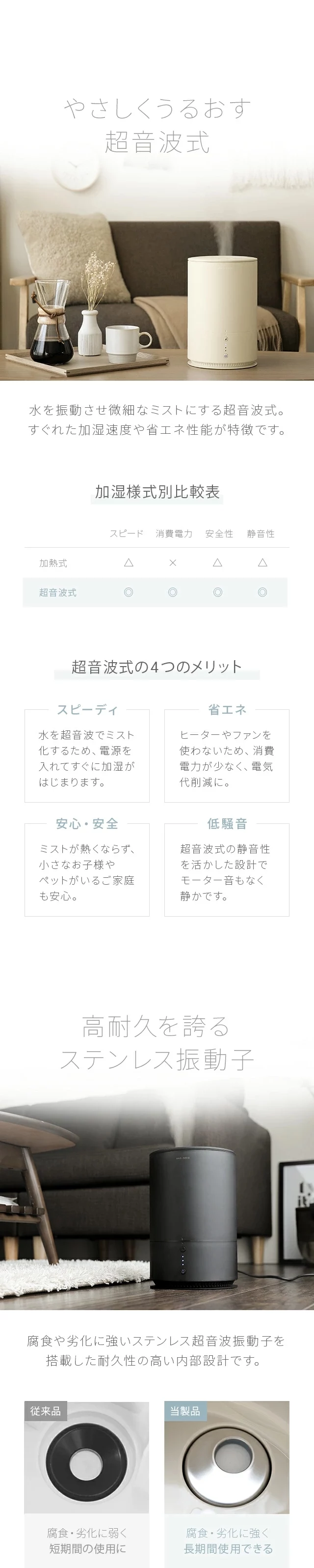 やさしくうるおす超音波式、高耐久を誇るステンレス振動子