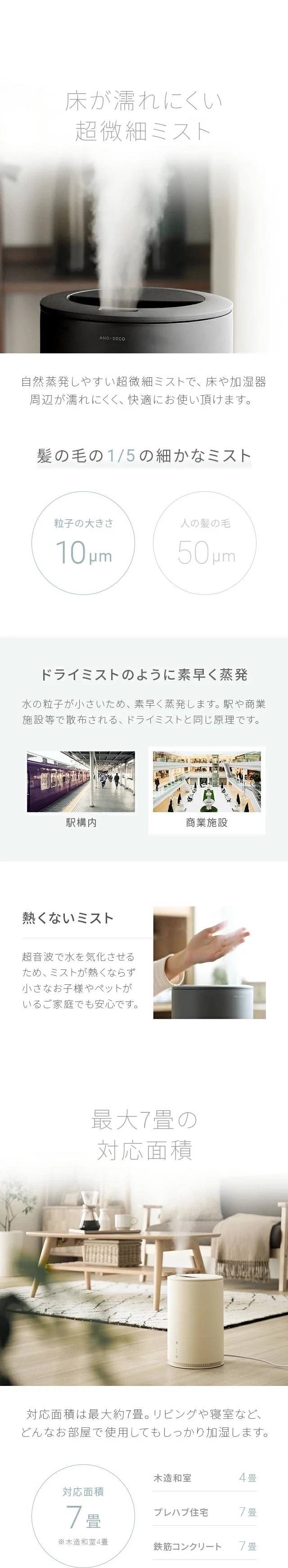 床が濡れにくい超微細ミスト、最大7畳の対応面積