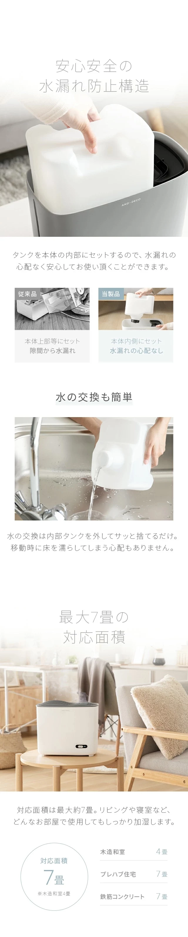 安心安全の水漏れ防止構造、最大7畳の対応面積
