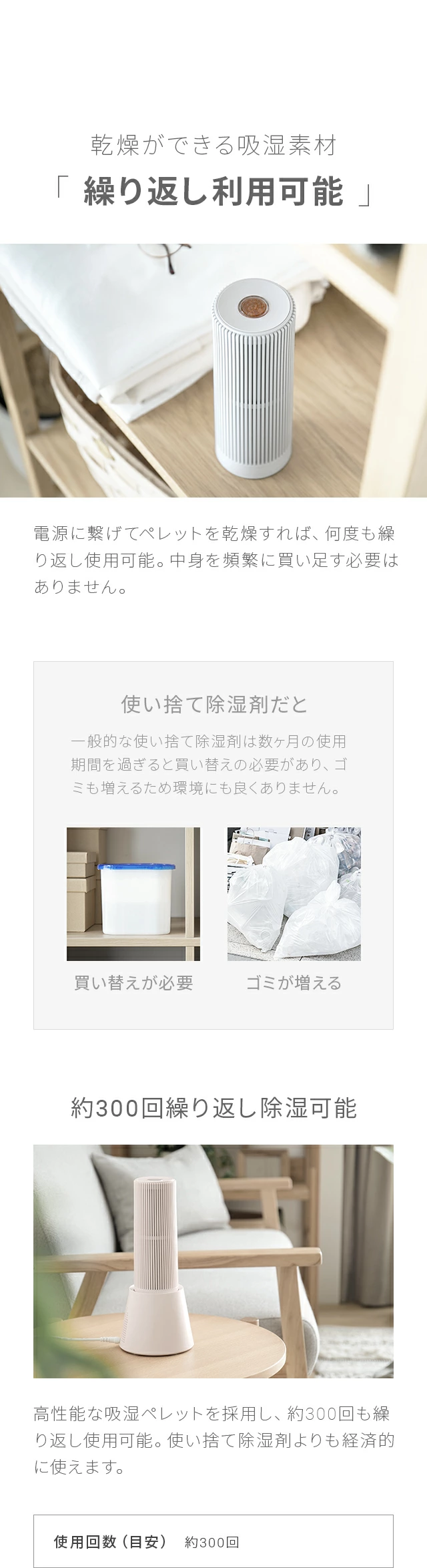 乾燥ができる吸湿素材「繰り返し利用可能」、約300回繰り返し除湿可能