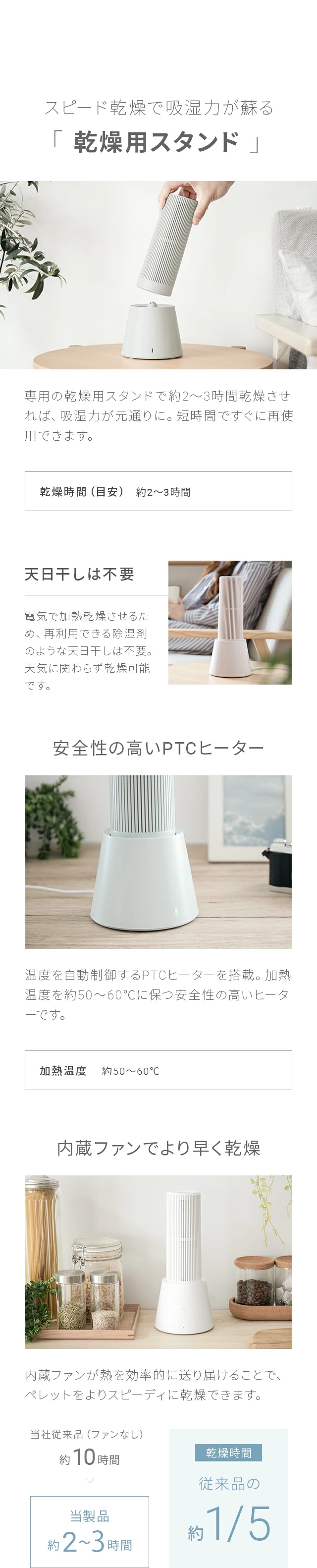 スピード乾燥で吸湿力が蘇る「乾燥用スタンド」、安全性の高いPTCヒーター、内蔵ファンでより早く乾燥