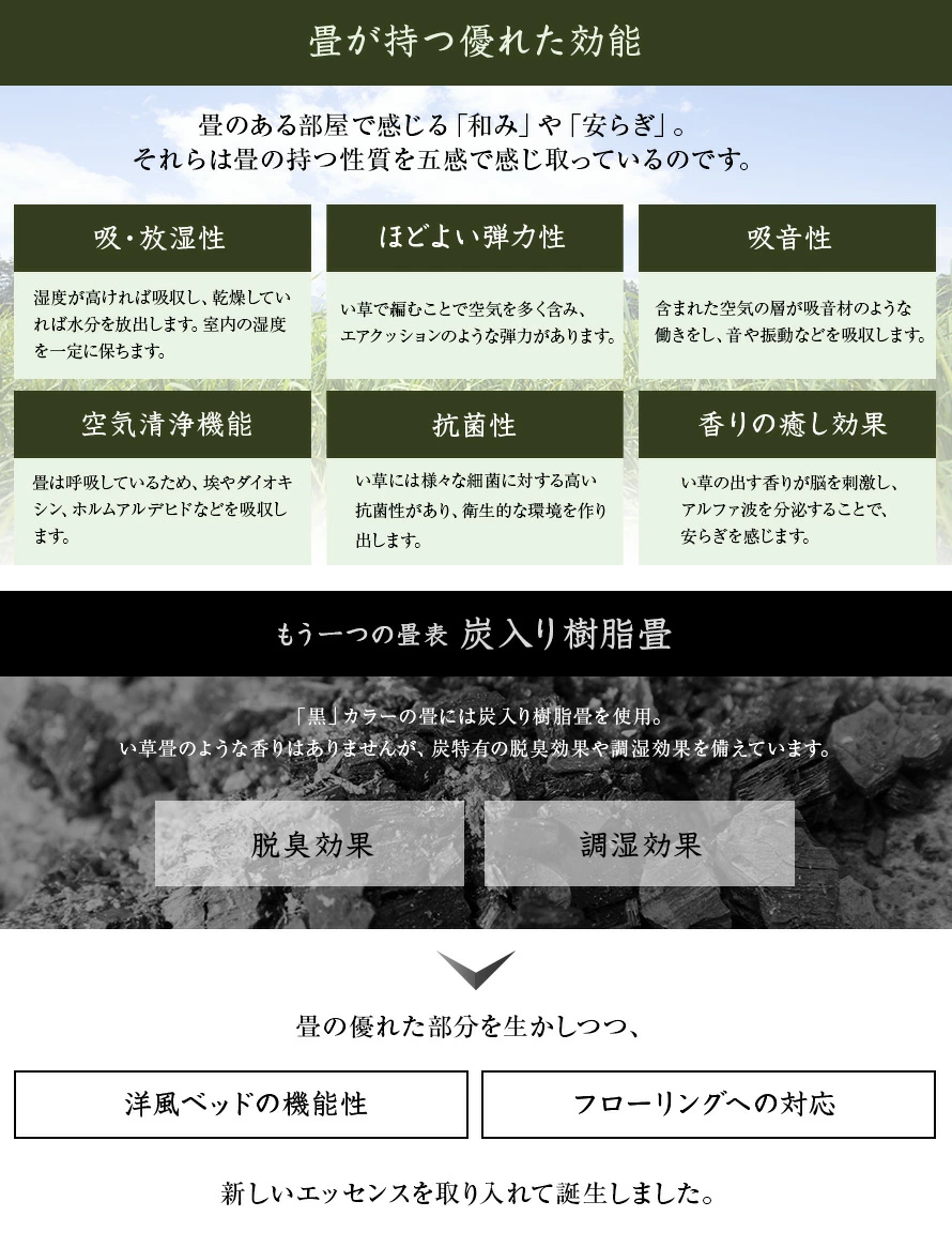 畳が持つ優れた効能、もう一つの畳表「炭入り樹脂畳」
