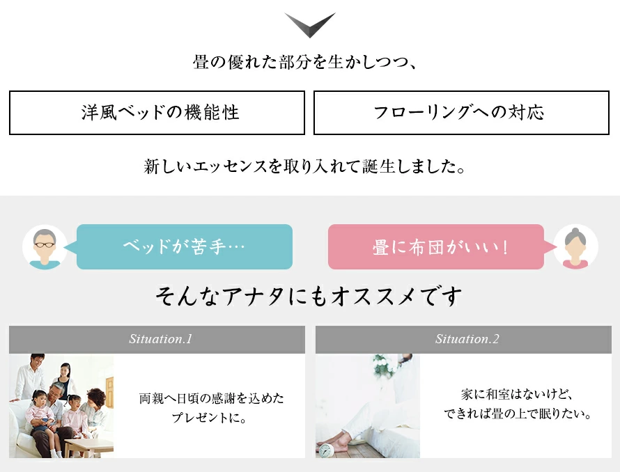 畳の優れた部分を生かしつつ、「洋風ベッドの機能性」「フローリングへの対応」新しいエッセンスを入れて誕生しました。