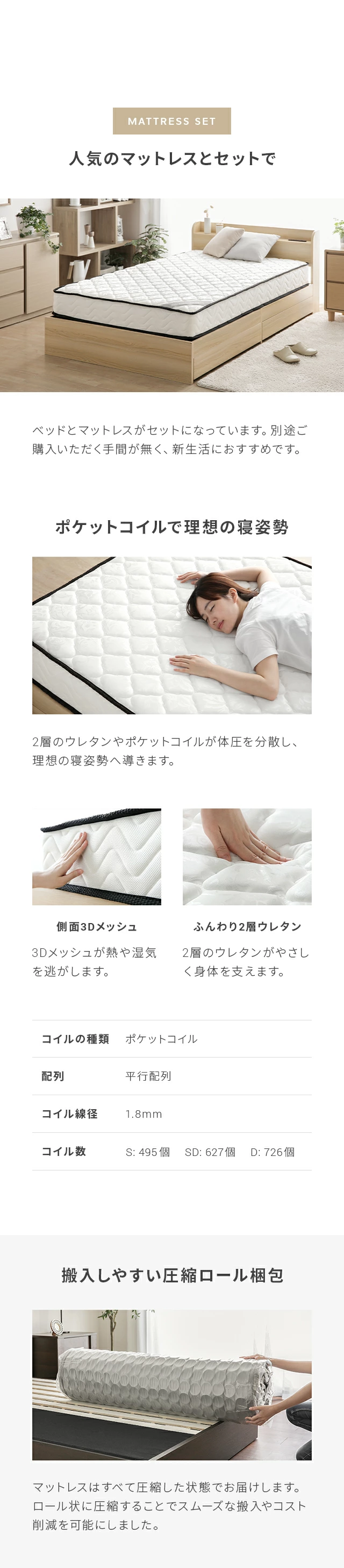 人気のマットレスとセットで、ポケットコイルで理想の寝姿勢、搬入しやすい圧縮ロール梱包