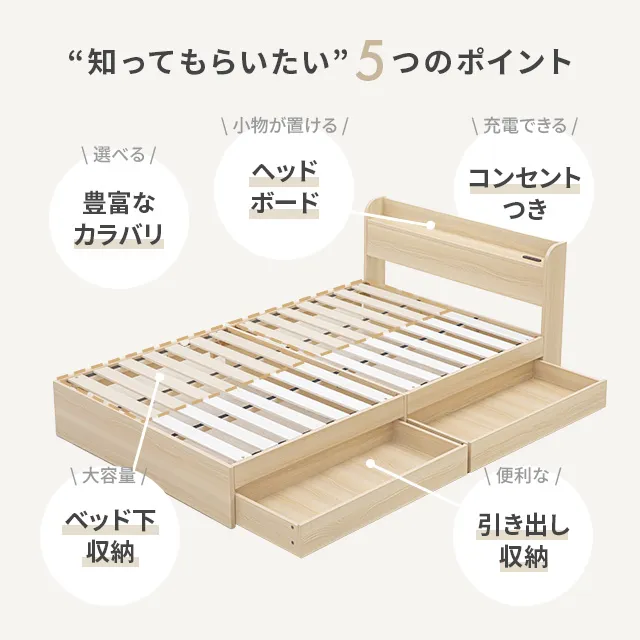 【きのこや】モダンデコ 収納・コンセント付きセミダブルベッドフレーム セミダブル・大容量収納] コンセント機能付きベッド マットレス付き