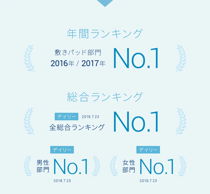 楽天市場年間ランキング_敷きパッド部門2016年2017年1位獲得、デイリー総合ランキング_全総合ランキング1位、男性部門1位、女性部門1位