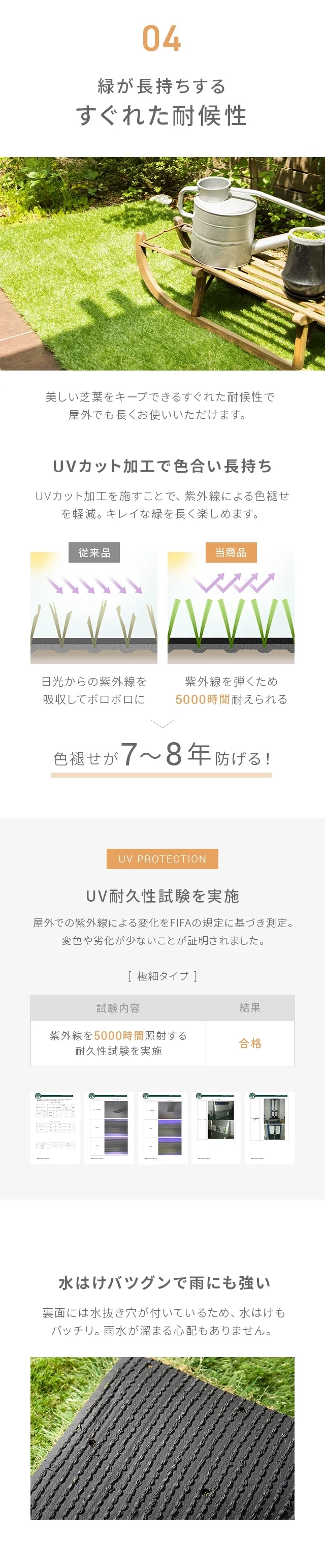 04.緑が長持ちするすぐれた耐候性、UV耐久性試験を実施、水はけバツグンで雨にも強い
