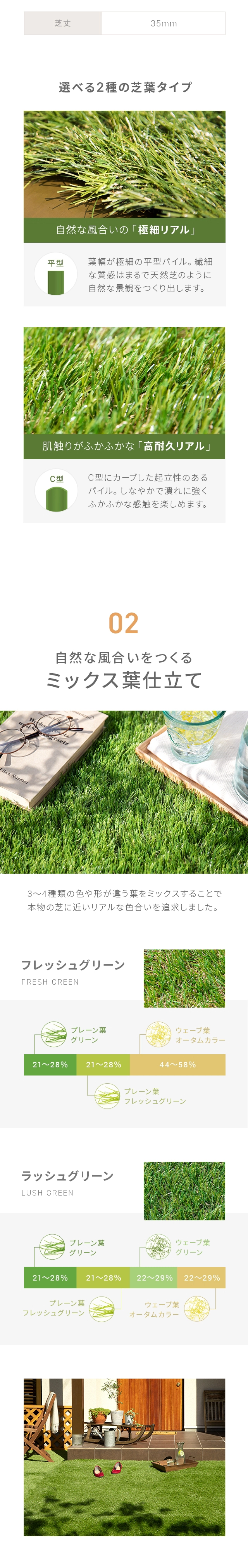 選べる2種の芝葉タイプ、02.自然な風合いをつくるミックス葉仕立て、フレッシュグリーン、ラッシュグリーン