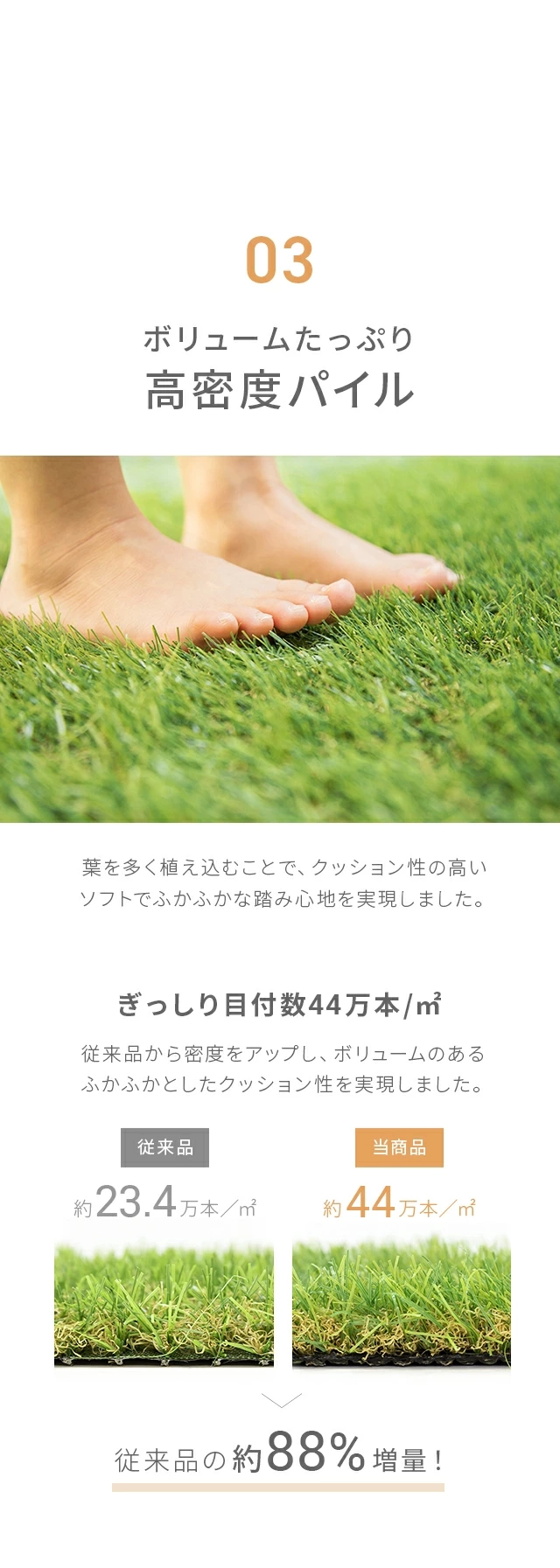 03.ボリュームたっぷり高密度パイル、ぎっしり目付数44万本／㎡