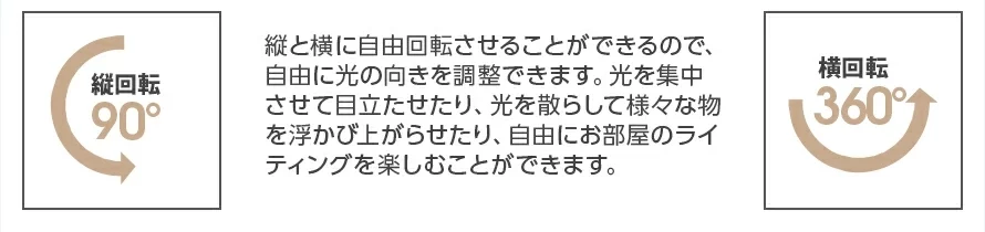 縦と横に自由回転させることができるので、自由に光の向きを調整できます。光を集中させて目立たせたり、光を散らして様々な物を浮かび上がらせたり、自由にお部屋のライティングを楽しむことができます