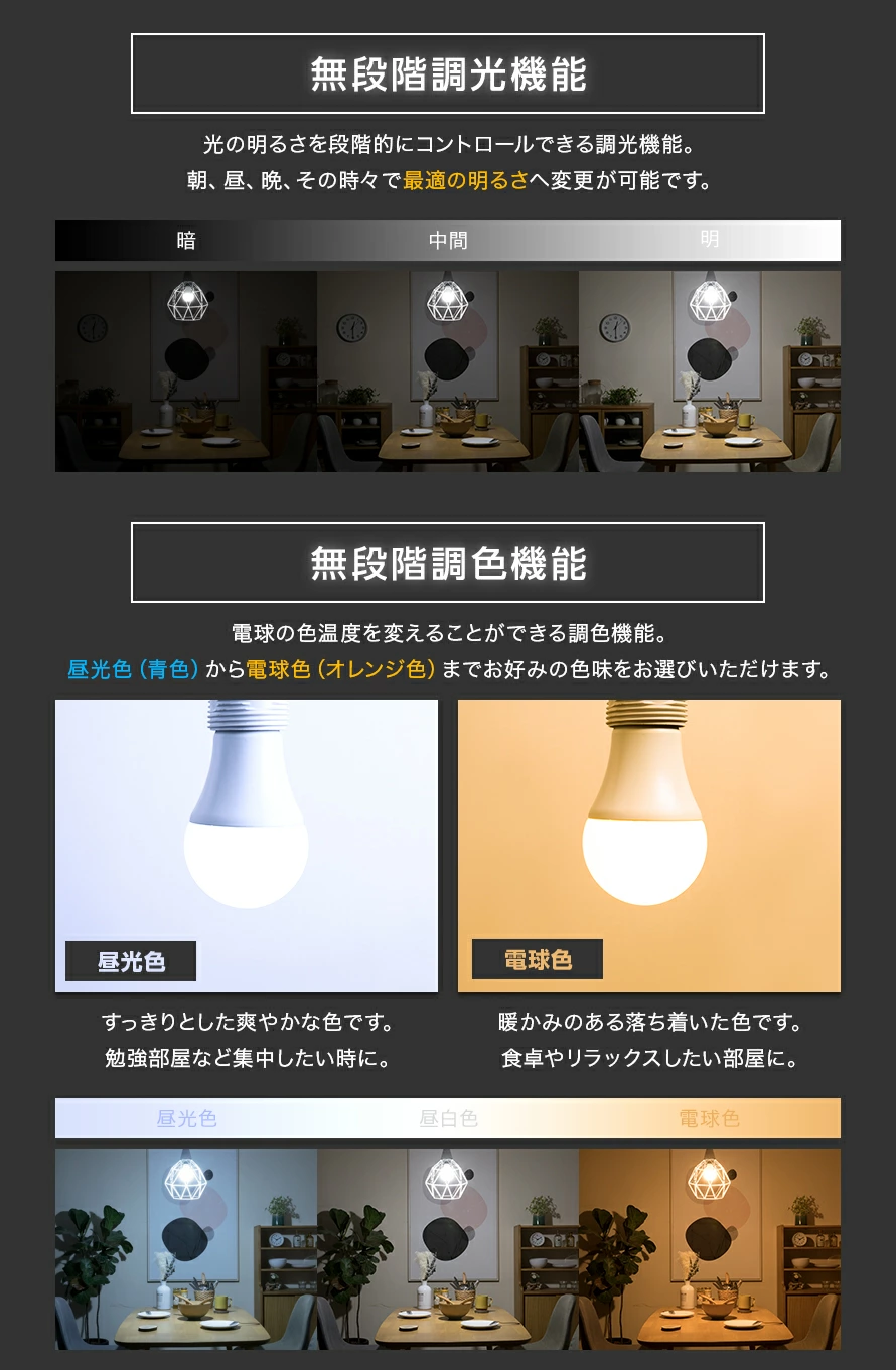 無段階調光機能、無段階調色機能