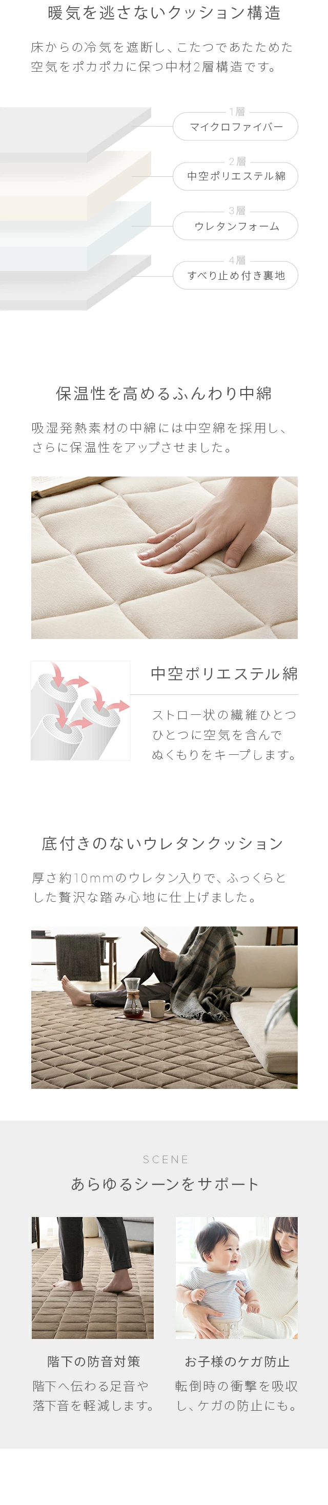 暖気を逃さないクッション構造、保温性を高めるふんわり中綿、底付きのないウレタンクッション