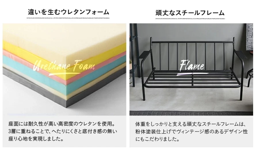 違いを生むウレタンフォーム、頑丈なスチールフレーム