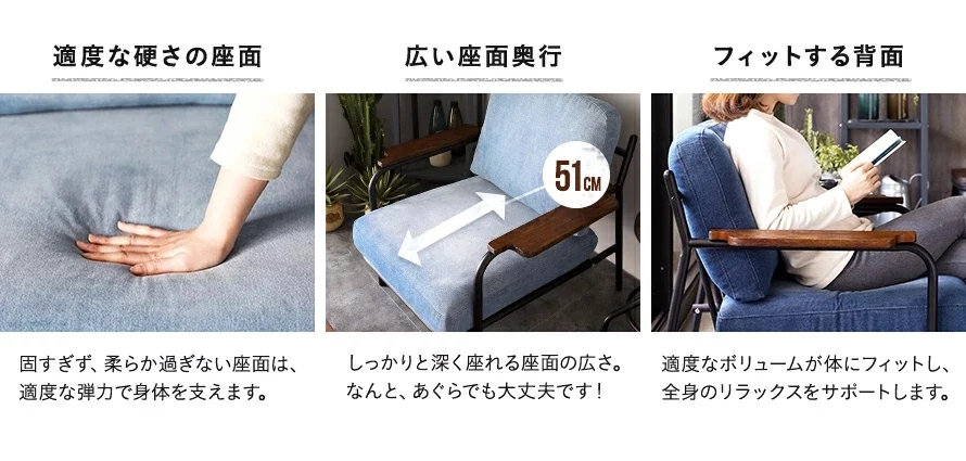 適度な硬さの座面、広い座面奥行、フィットする背面