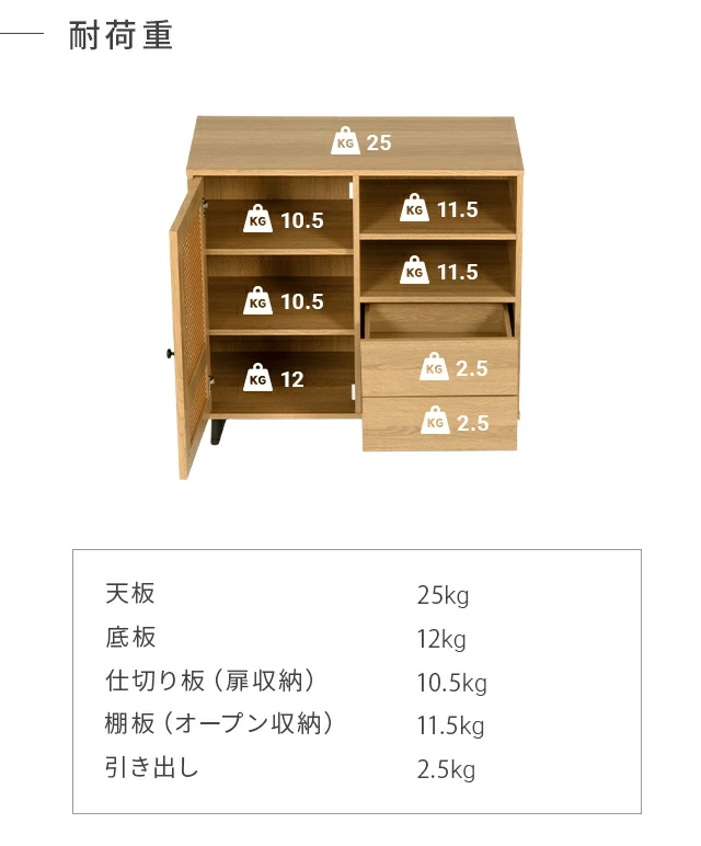 幅82cm ラタン調 デザインチェスト リビングボード 大容量 可動棚
