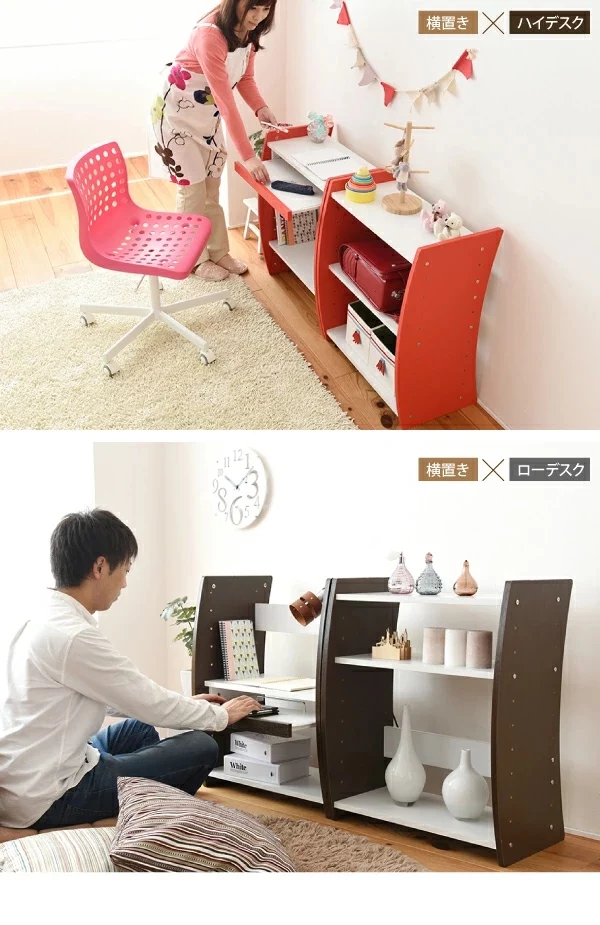 用途に合わせてレイアウト自由自在、横置き×ハイデスク、横置き×ローデスク