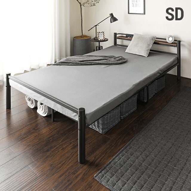 [セミダブル] スチールパイプベッド 多機能ヘッドボード USB+コンセント 高さ2段階調節