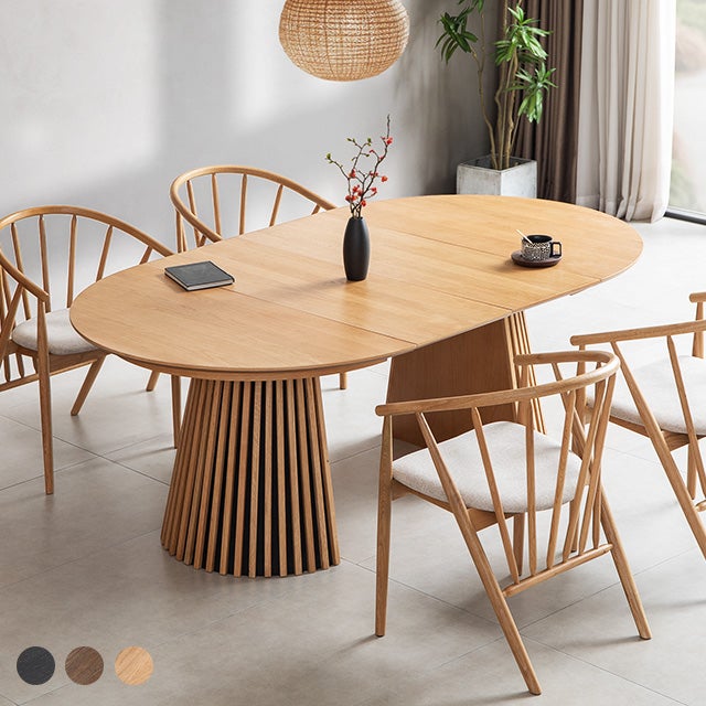 幅120~200cm 伸長式ラウンドダイニングテーブル 6人掛け 天然木突板 美しい格子デザイン