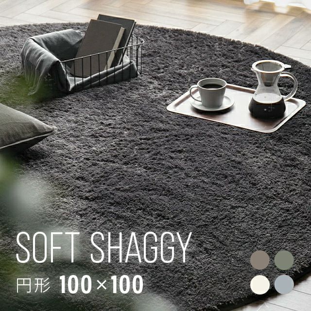 シャギーラグ 円形 100×100cm 洗える 防音 防ダニ 抗菌防臭 滑り止め付き
