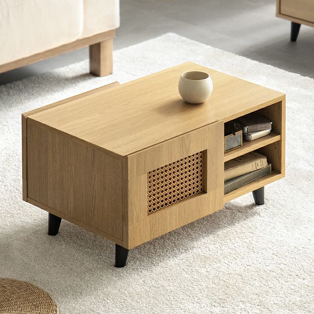 幅60cm ラタン調 デザインセンターテーブル 収納機能多彩